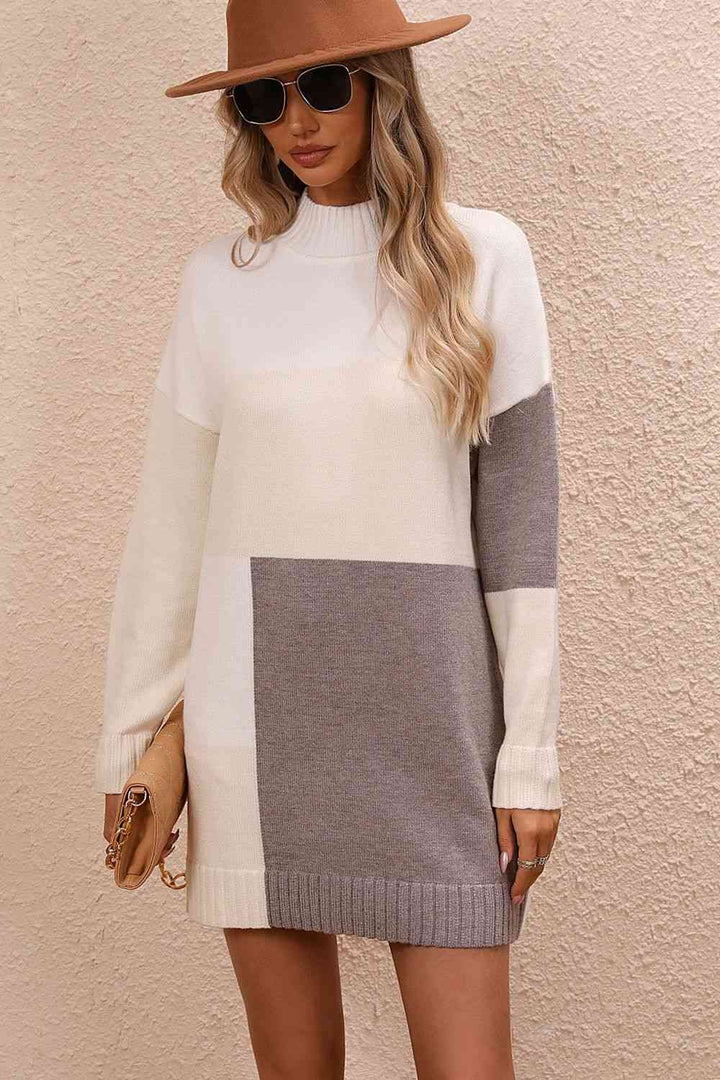 Color Block Mock Neck Dropped Shoulder Sweater Dress | 1mrk.com