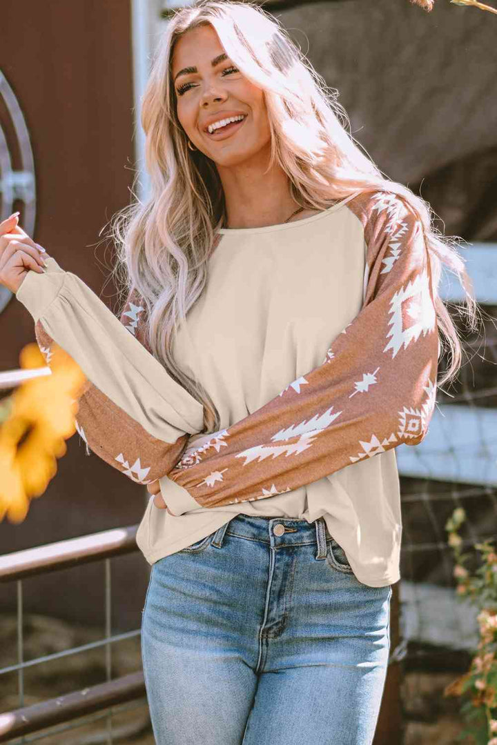 Geometric Round Neck Long Sleeve T-Shirt | 1mrk.com