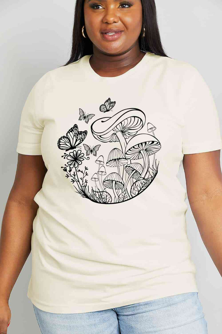 Simply Love Full Size Butterfly & Mushroom Graphic Cotton Tee | 1mrk.com