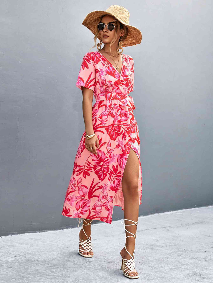 Floral Print High Slit Surplice Neck Tie Waist Midi Dress |1mrk.com