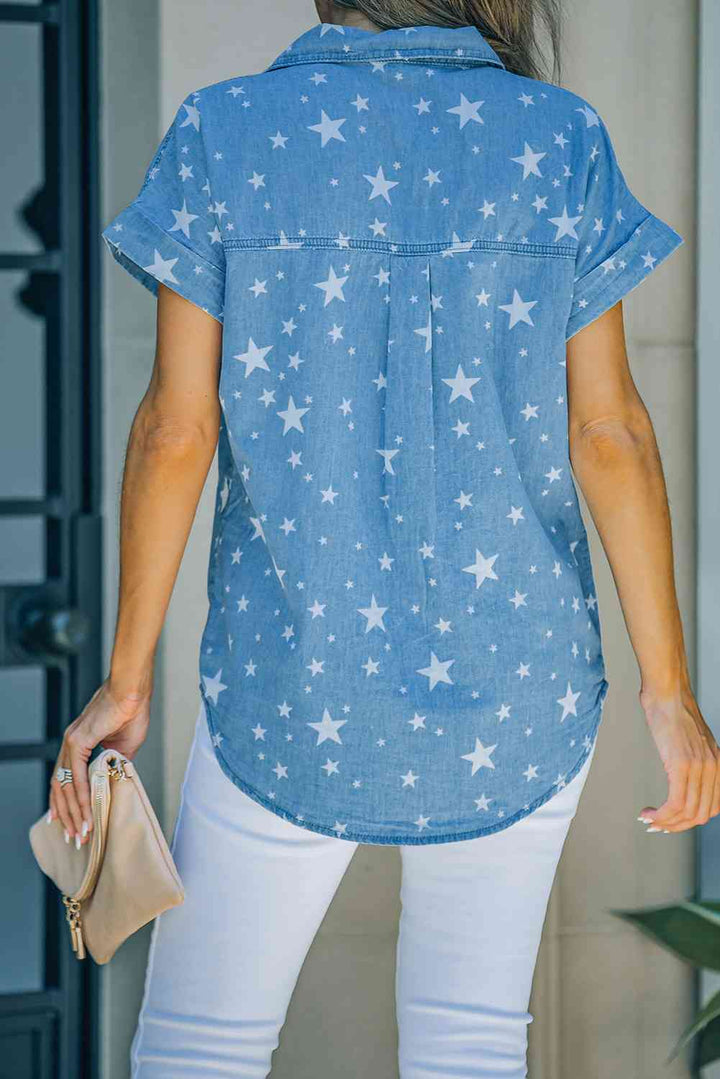 Star Print Button-Up Cuffed Short Sleeve Shirt |1mrk.com