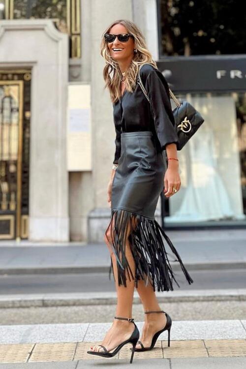 High Waist Fringe Hem Skirt |1mrk.com