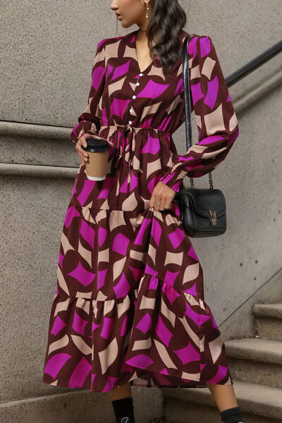 Printed Tied Pocketed Lantern Sleeve Dress | 1mrk.com