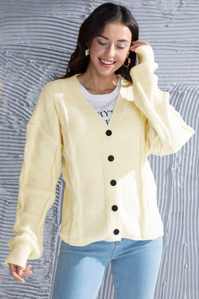 Button Up V-Neck Drop Shoulder Long Sleeve Cardigan |1mrk.com