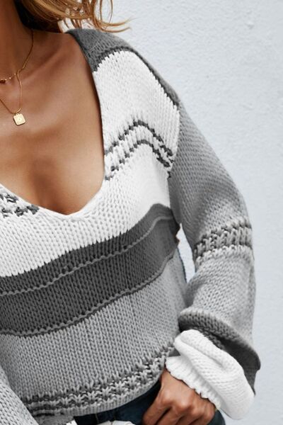 Color Block V-Neck Dropped Shoulder Sweater |1mrk.com