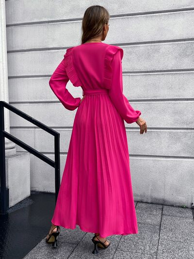 Pleated Surplice Tie Waist Maxi Dress |1mrk.com