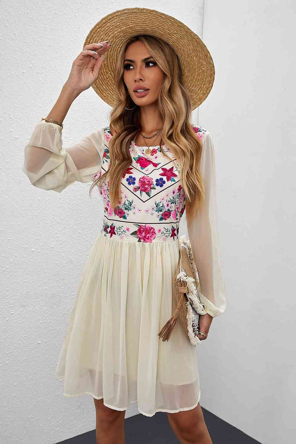 Floral Mesh Sleeve Lined Dress |1mrk.com