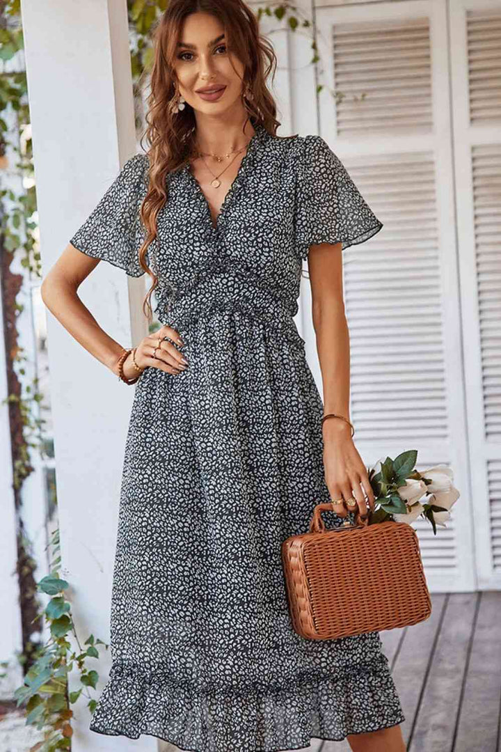 Leopard Frill Trim Flutter Sleeve Dress |1mrk.com