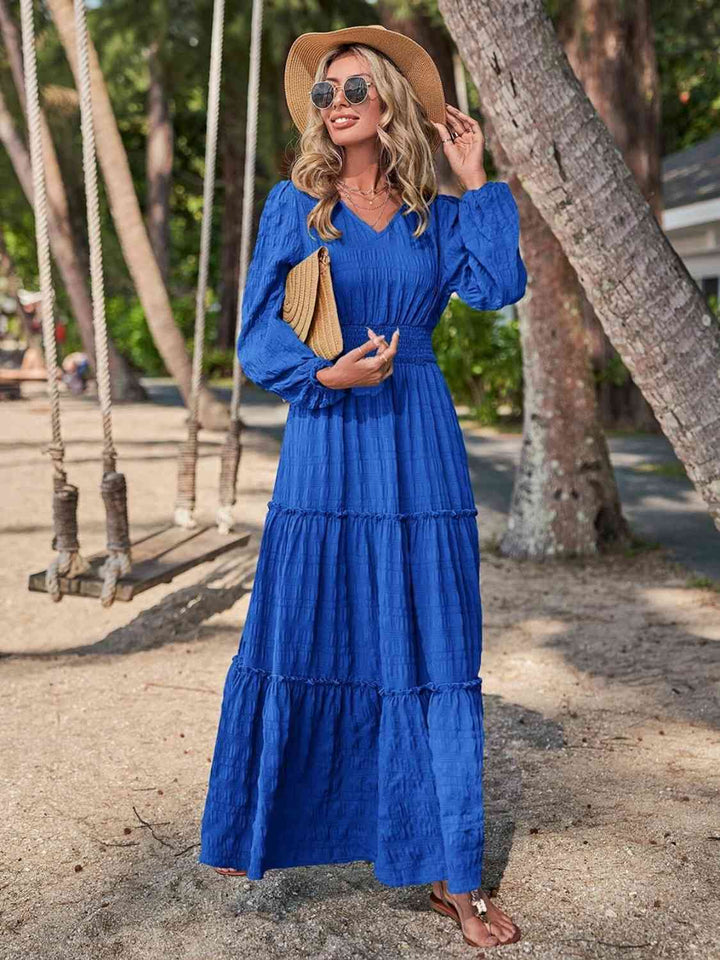 Smocked Waist V-Neck Maxi Dress |1mrk.com