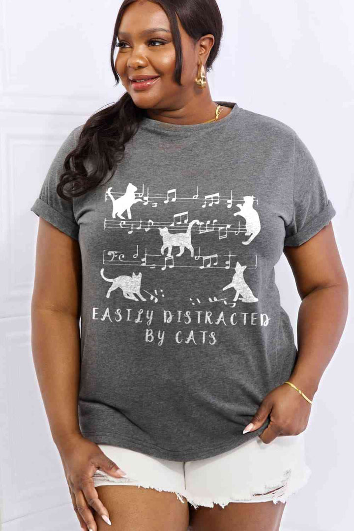 Simply Love Full Size EASILY DISTRACTED BY CATS Graphic Cotton Tee | 1mrk.com