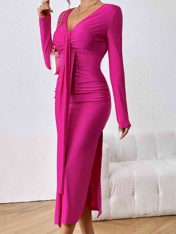 Long Sleeve Ruched Split Dress |1mrk.com
