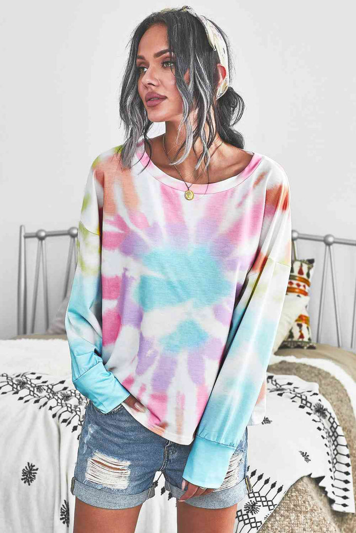 Tie-Dye Boat Neck Batwing Sleeve Tee |1mrk.com