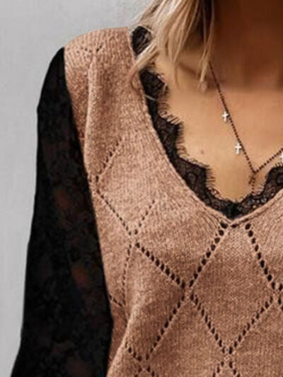 Lace Decor V Neck Two Tone Sweater |1mrk.com