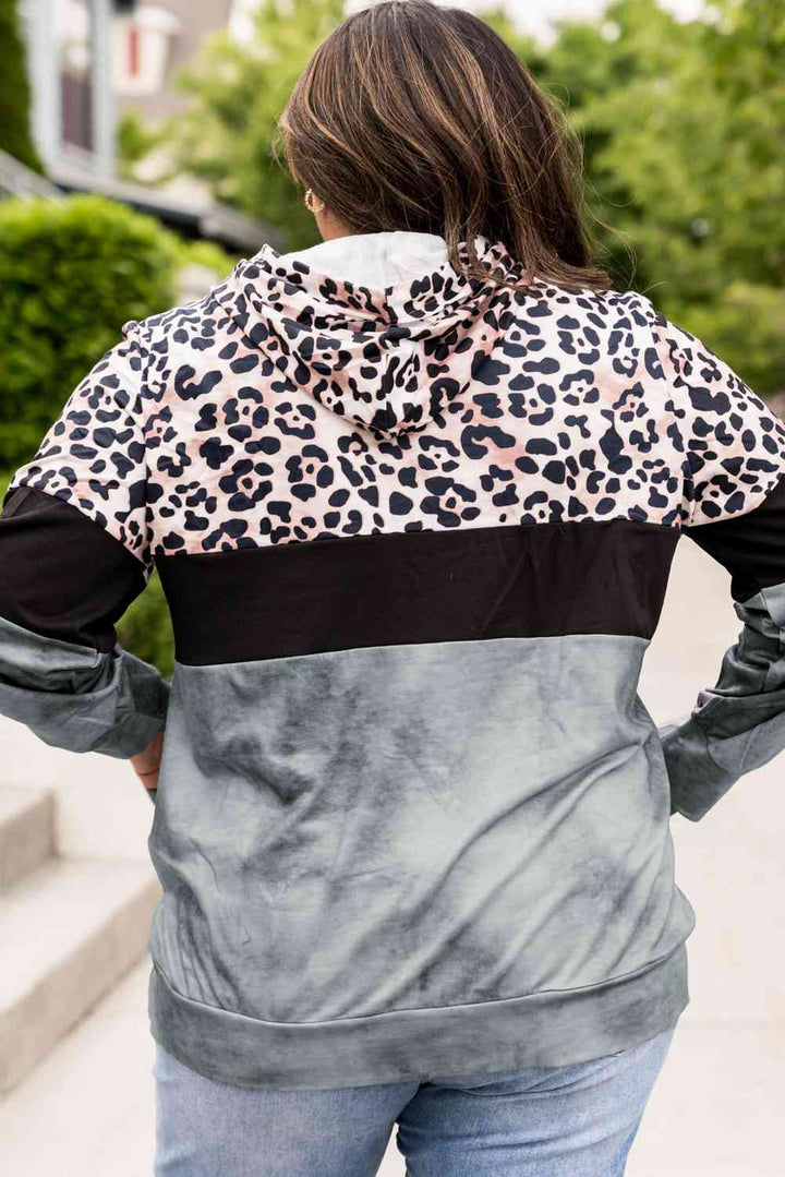 Plus Size Leopard Print Color Block Hoodie with Kangaroo Pocket | 1mrk.com