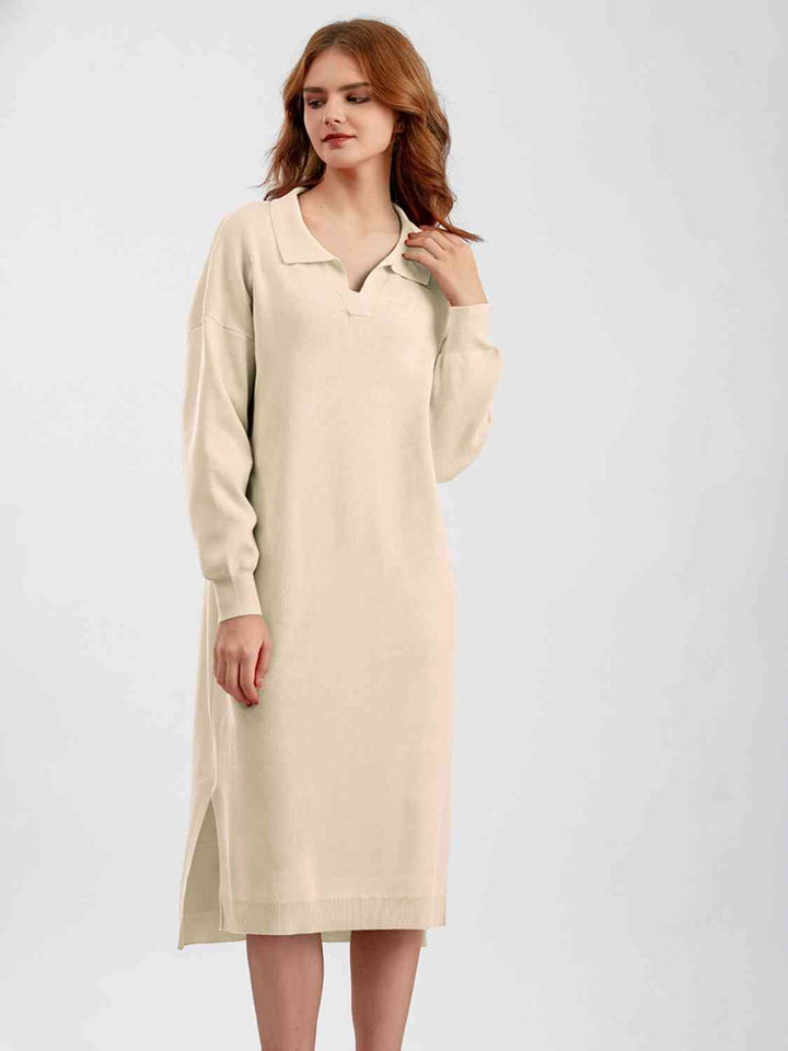 Johnny Collar Long Sleeve Slit Sweater Dress |1mrk.com