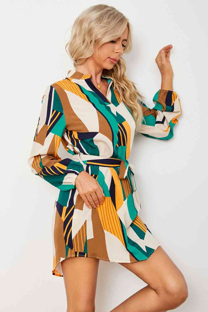 Geometric Print Belted Curved Hem Dress |1mrk.com