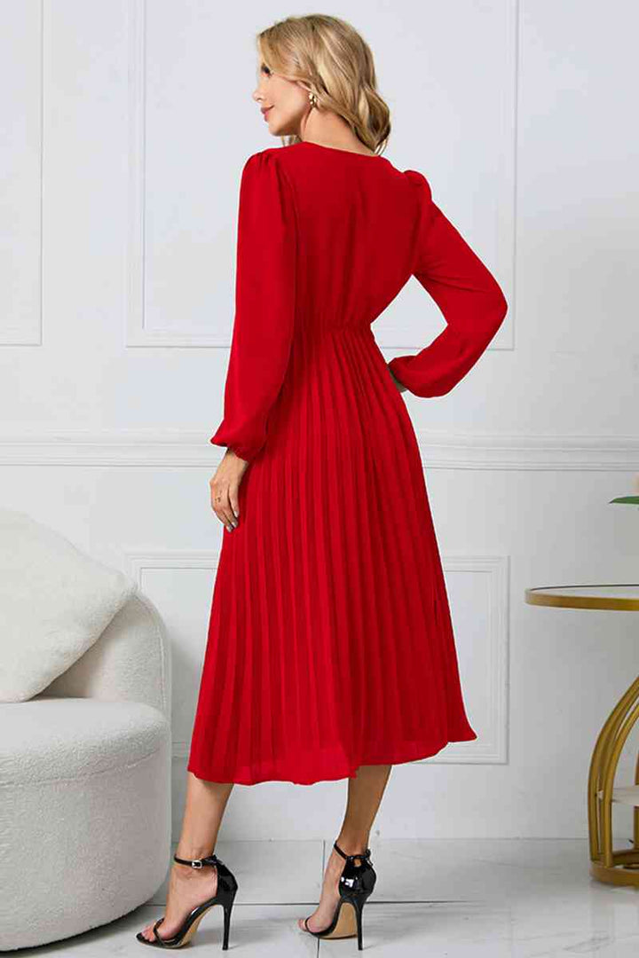 V-Neck Long Sleeve Tie Waist Midi Dress | 1mrk.com