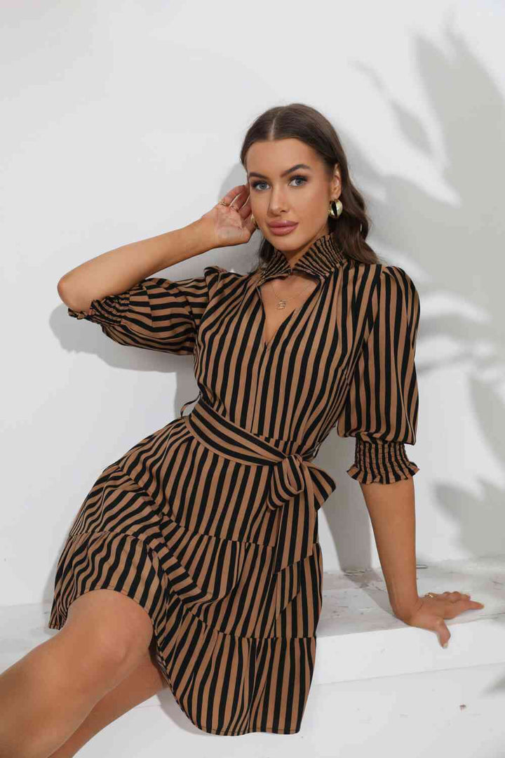 Striped Tie Belt Tiered Dress |1mrk.com