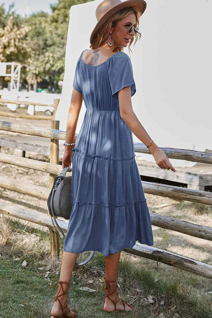 Short Sleeve Frill Trim Buttoned Dress |1mrk.com