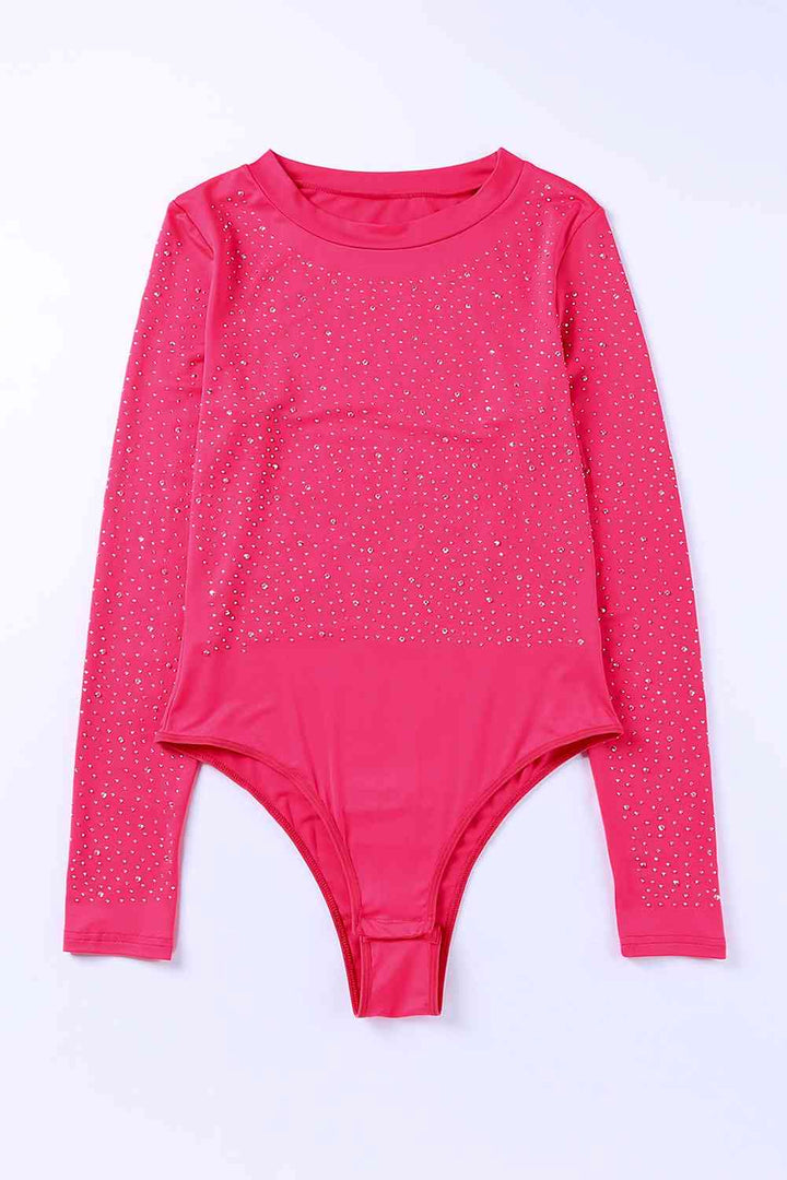 Rhinestone Round Neck Long Sleeve Bodysuit | 1mrk.com