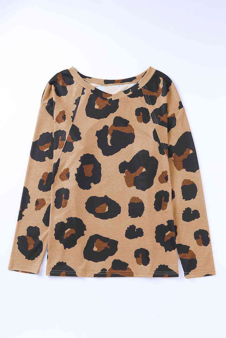 Full Size Leopard Print Round Neck Long Sleeve Tee | 1mrk.com