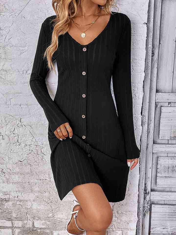 V-Neck Long Sleeve Mini Dress |1mrk.com