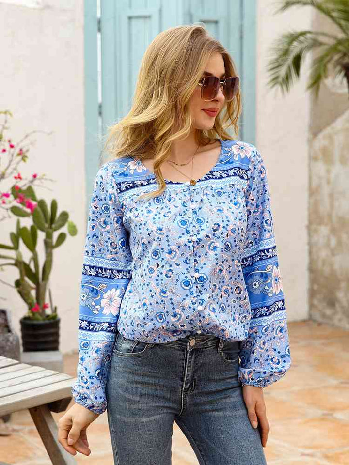 Full Size Bohemian Round Neck Balloon Sleeve Shirt |1mrk.com