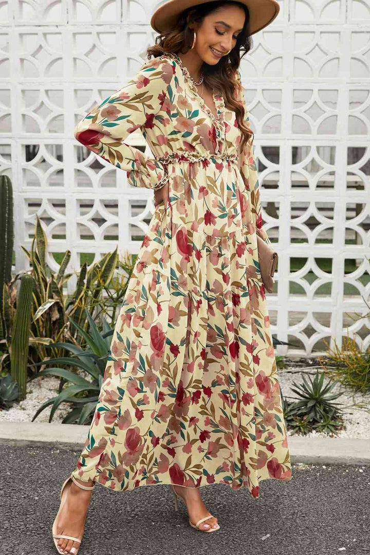 Floral Frill Trim Flounce Sleeve Plunge Maxi Dress | 1mrk.com