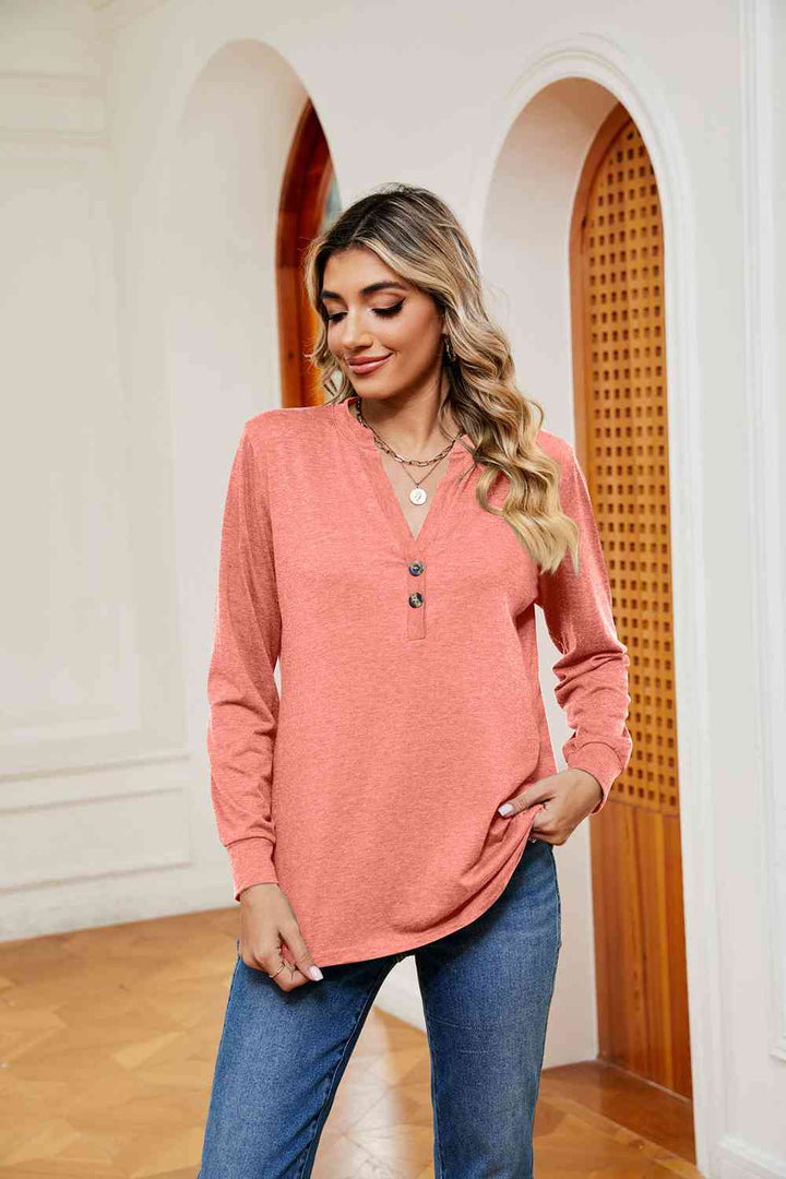 Buttoned Notched Neck Long Sleeve Top | 1mrk.com