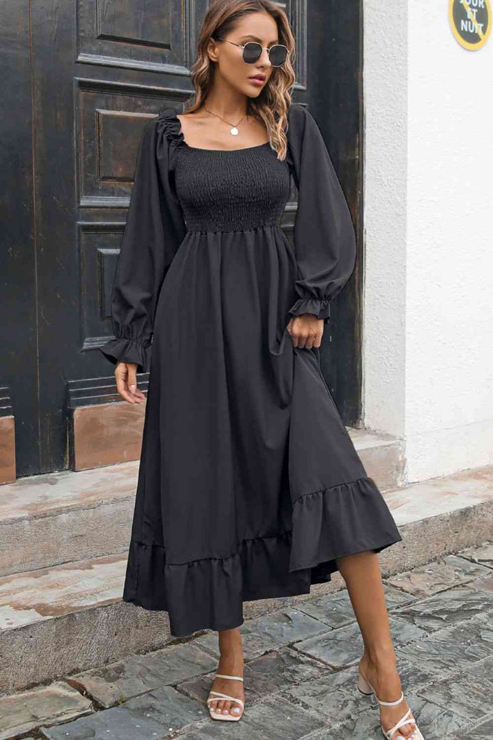 Smocked Ruffle Hem Flounce Sleeve Dress |1mrk.com