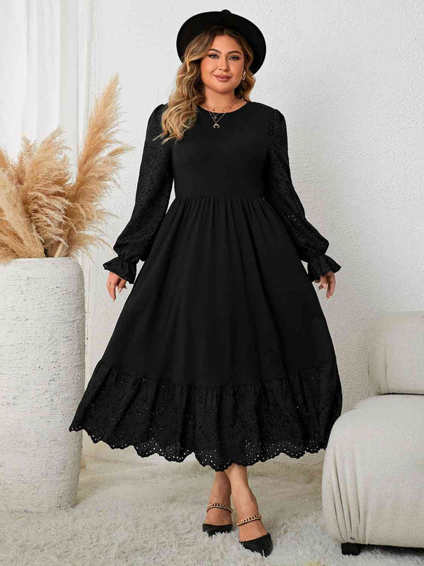 Plus Size Flounce Sleeve Lace Detail Dress |1mrk.com