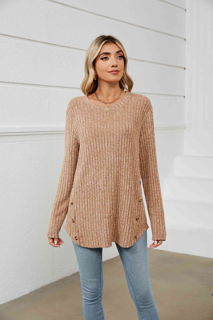 Round Neck Ribbed Long Sleeve T-Shirt | 1mrk.com