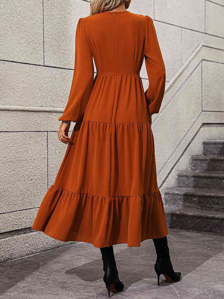 V-Neck Long Sleeve Tiered Dress |1mrk.com