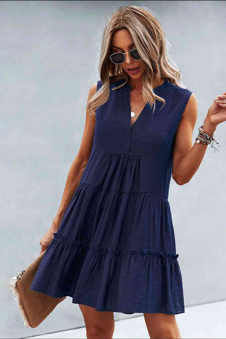 Frill Trim Notched Sleeveless Tiered Dress |1mrk.com