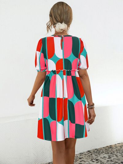 Geometric Frill Round Neck Short Sleeve Dress |1mrk.com