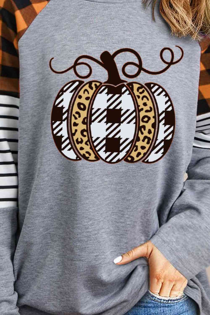 Round Neck Long Sleeve Pumpkin Graphic T-Shirt | 1mrk.com