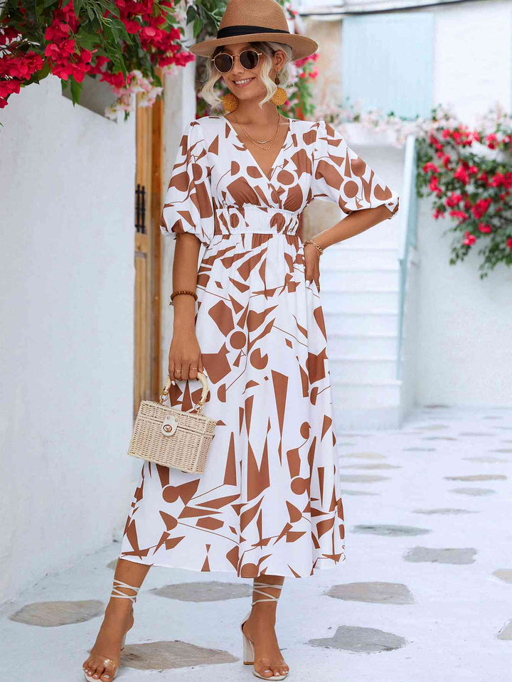 Printed Surplice Balloon Sleeve Dress |1mrk.com