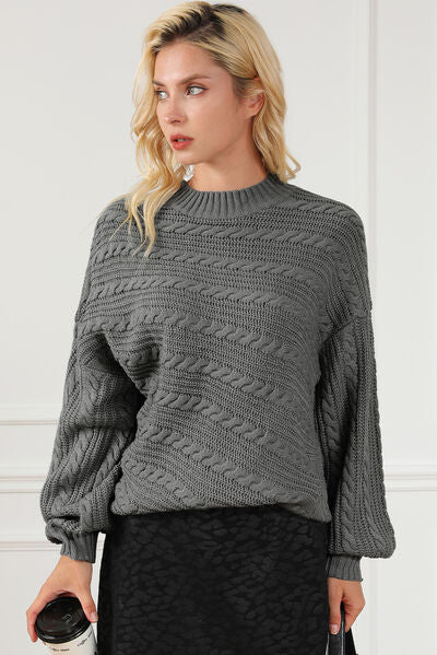 Cable-Knit Mock Neck Dropped Shoulder Sweater |1mrk.com