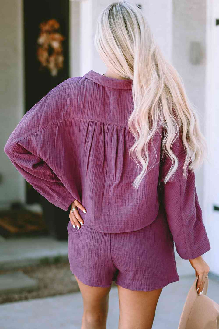 Buttoned Long Sleeve Top and Shorts Set | 1mrk.com