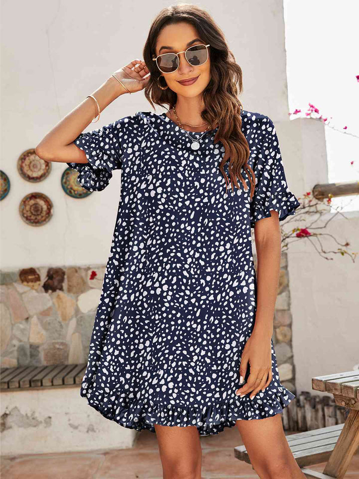 Printed Flounce Sleeve Ruffle Hem Dress |1mrk.com