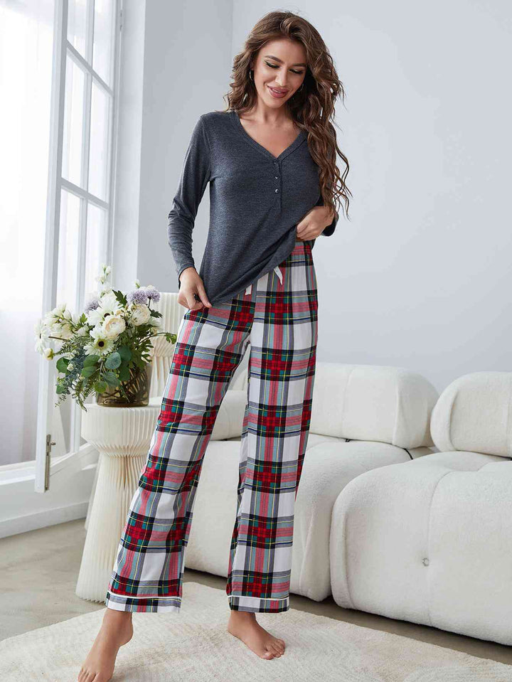 Buttoned Long Sleeve Top and Plaid Pants Lounge Set | 1mrk.com