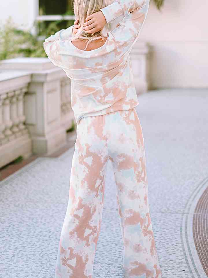 Printed Long Sleeve Top and Wide Leg Pants Lounge Set | 1mrk.com