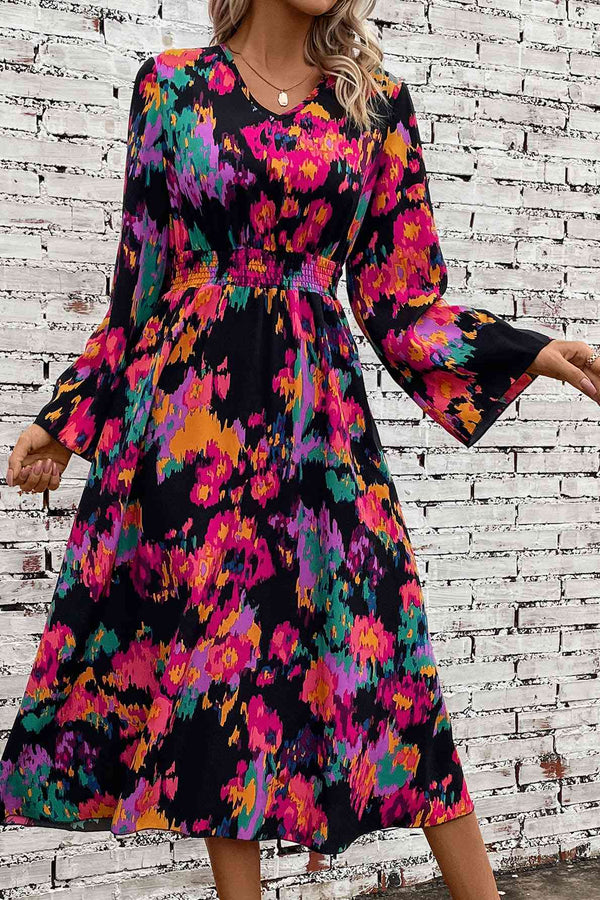 Printed Smocked Waist Midi Dress |1mrk.com