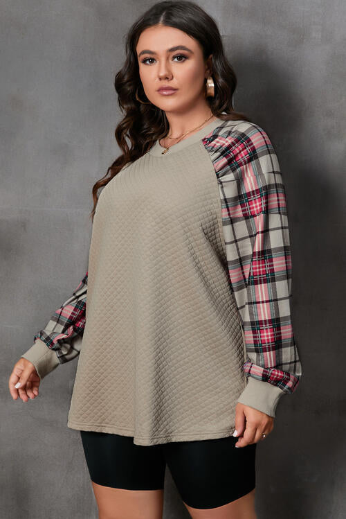 Plus Size Plaid Round Neck Long Sleeve Sweatshirt |1mrk.com