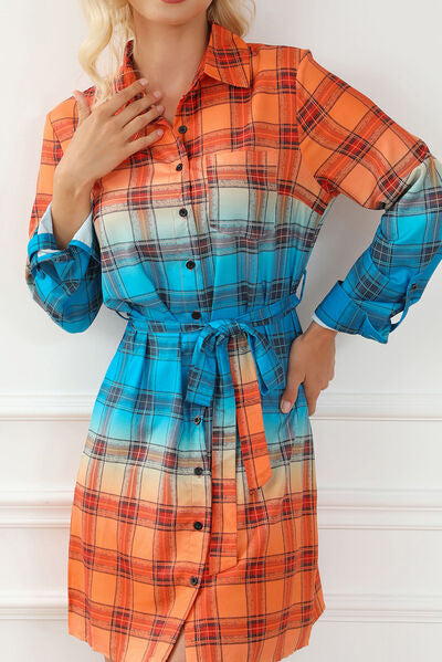 Plaid Button Up Tie-Waist Dress |1mrk.com