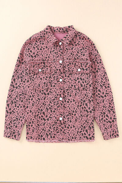 Leopard Raw Hem Button Up Denim Jacket |1mrk.com