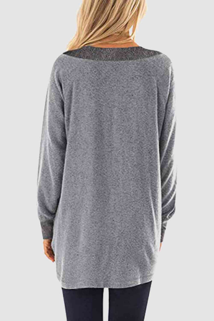 V-Neck Long Sleeve Sweatshirt with Pockets |1mrk.com