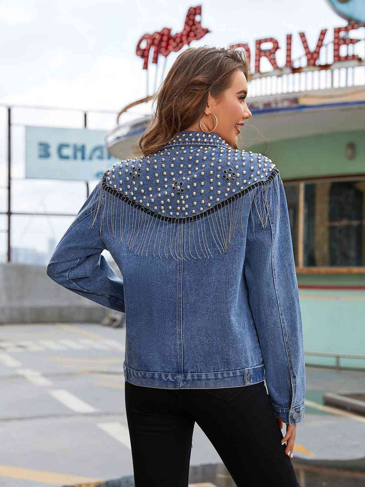 Studded Fringe Button Down Denim Jacket | 1mrk.com