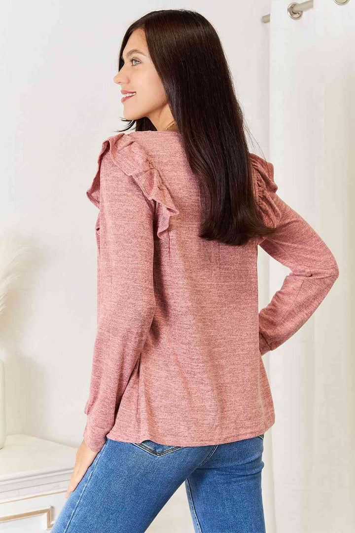 Double Take Square Neck Ruffle Shoulder Long Sleeve T-Shirt | 1mrk.com