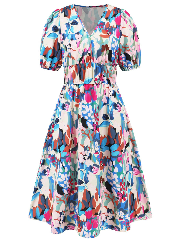 Ruched Printed Surplice Short Sleeve Dress | Trendsi